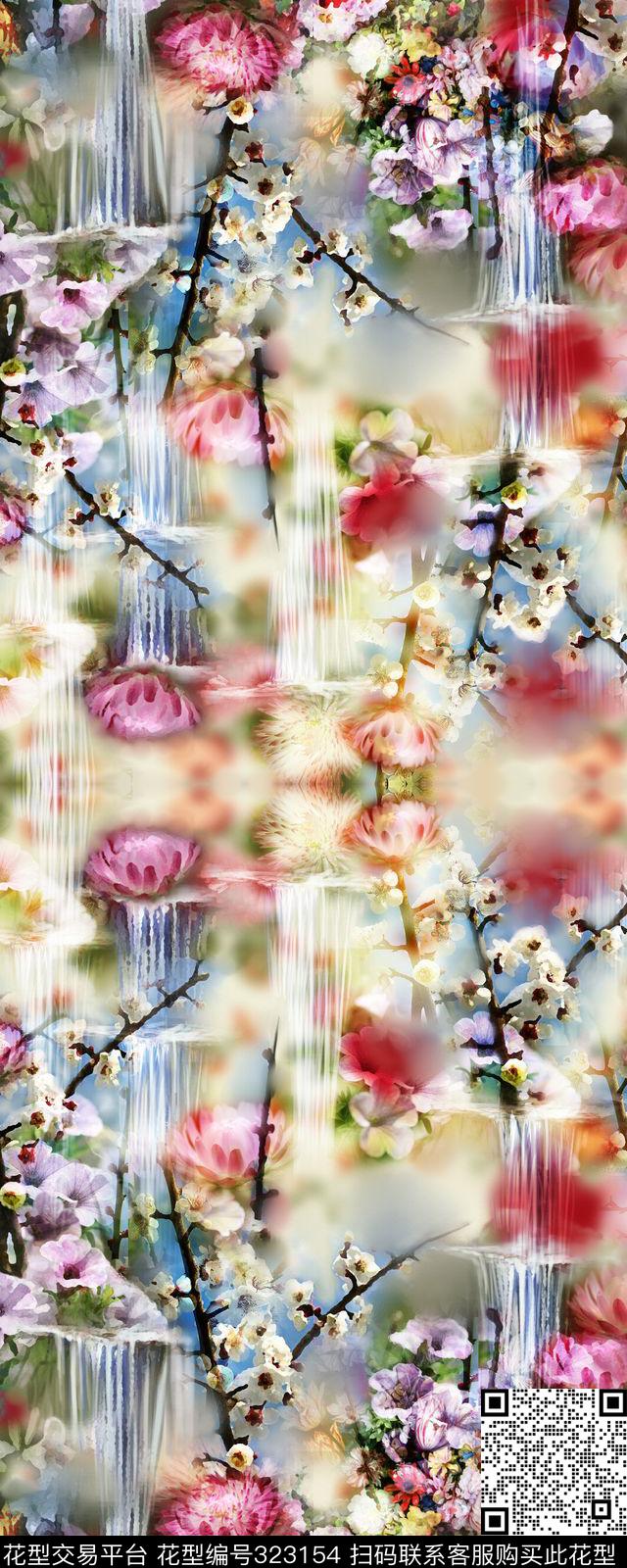 D1-冬月梅上 - 323154 -  - 数码印花花型 － 女装花型设计 － 瓦栏