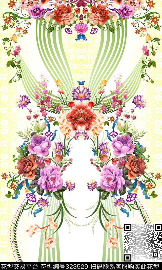 白底 花卉 碎花 藤条  - 323529 - 传统 花卉 碎花 - 数码印花花型 － 女装花型设计 － 瓦栏