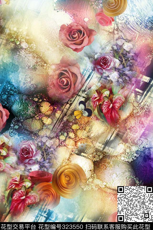 花朵 玫瑰 格子 怀旧 数码  MT1402 (64).jpg - 323550 -  - 数码印花花型 － 女装花型设计 － 瓦栏