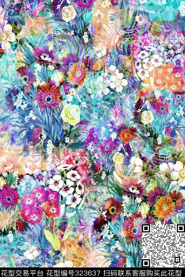 多彩水彩满版碎花 - 323637 - 花卉 - 数码印花花型 － 女装花型设计 － 瓦栏
