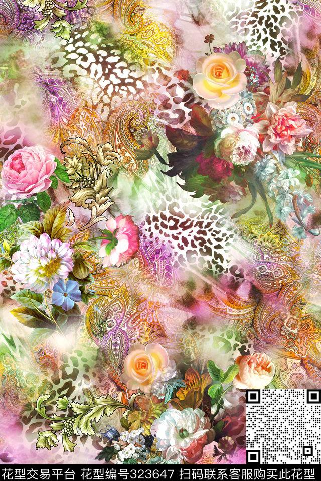 多彩豹纹火腿油画云纹 - 323647 - 花卉 动物纹 - 数码印花花型 － 女装花型设计 － 瓦栏