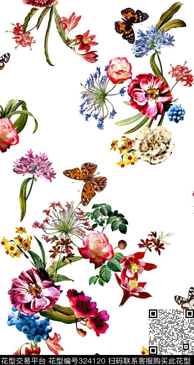 白底 花卉 蝴蝶 碎花 写实 - 324120 - 写实 蝴蝶 花卉 - 数码印花花型 － 女装花型设计 － 瓦栏
