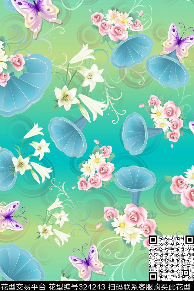 喇叭YP0045.jpg - 324243 - 花鸟花卉 - 传统印花花型 － 女装花型设计 － 瓦栏
