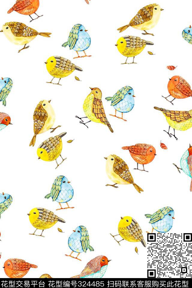小清新风格手绘小鸟童装花型 - 324485 - 小清新 水彩 小鸟 - 传统印花花型 － 童装花型设计 － 瓦栏