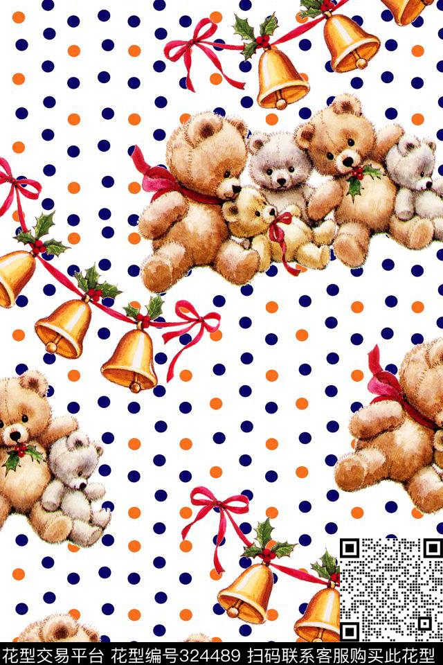 彩色圆点手绘卡通小熊童装花型 - 324489 - 婴童 泰迪熊 红丝带 - 传统印花花型 － 童装花型设计 － 瓦栏