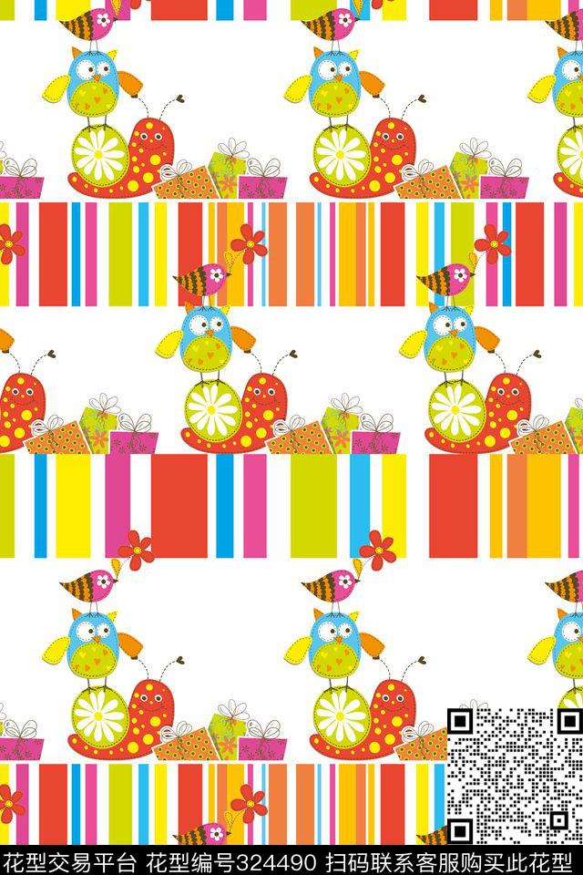 彩虹条纹卡通蜗牛小鸟和礼物童装花型 - 324490 - 婴童 蜗牛 小鸟 - 传统印花花型 － 童装花型设计 － 瓦栏