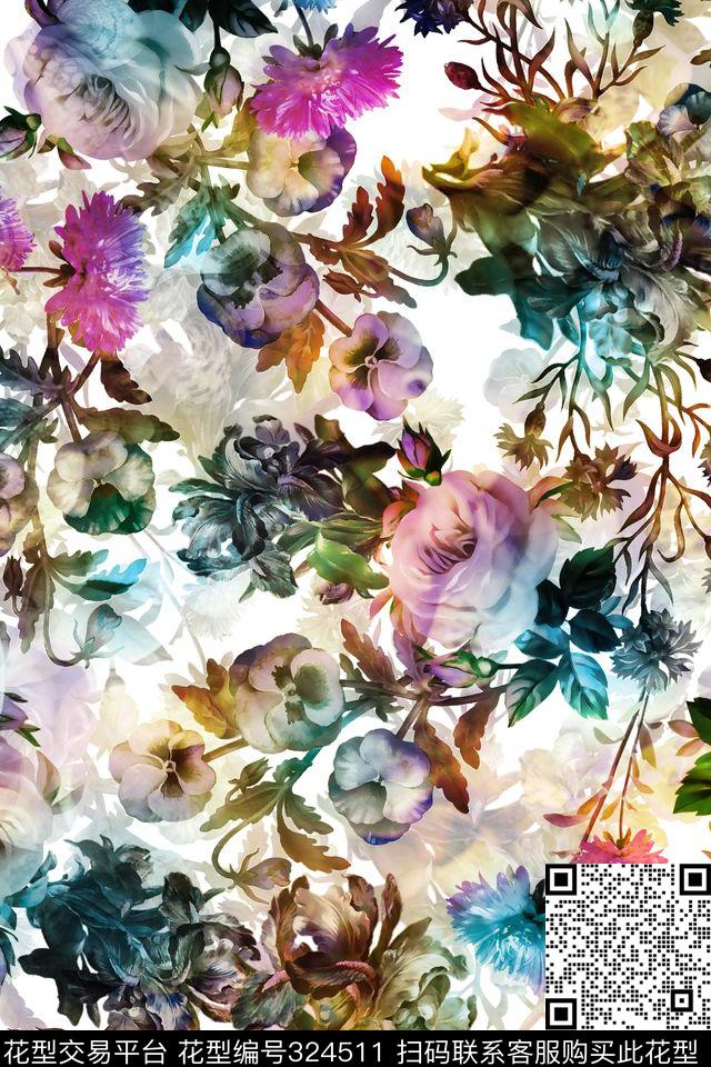多彩抽象花卉组合 - 324511 - 花卉 - 数码印花花型 － 女装花型设计 － 瓦栏