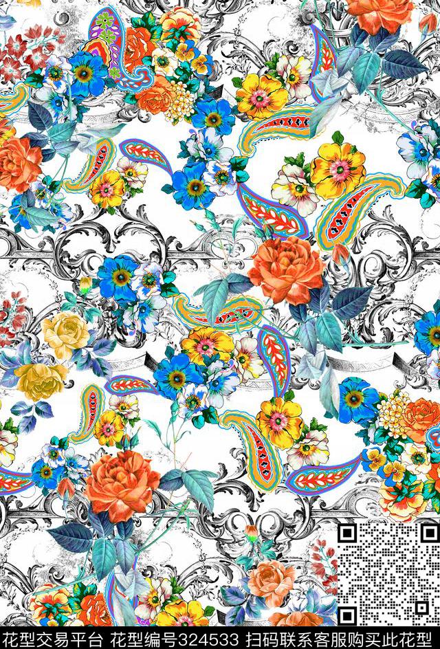 欧式花纹火腿卷草白底佩斯利花卉 - 324533 - 花卉 - 数码印花花型 － 女装花型设计 － 瓦栏