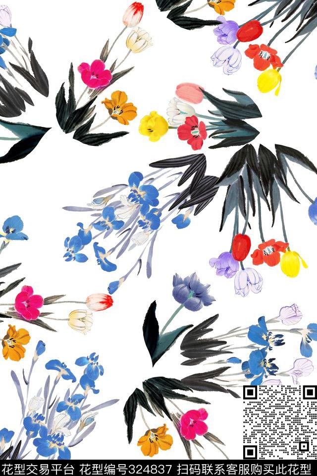 中国风清雅白底水墨多彩兰花 - 324837 - 中国风 水墨 花卉 - 数码印花花型 － 女装花型设计 － 瓦栏