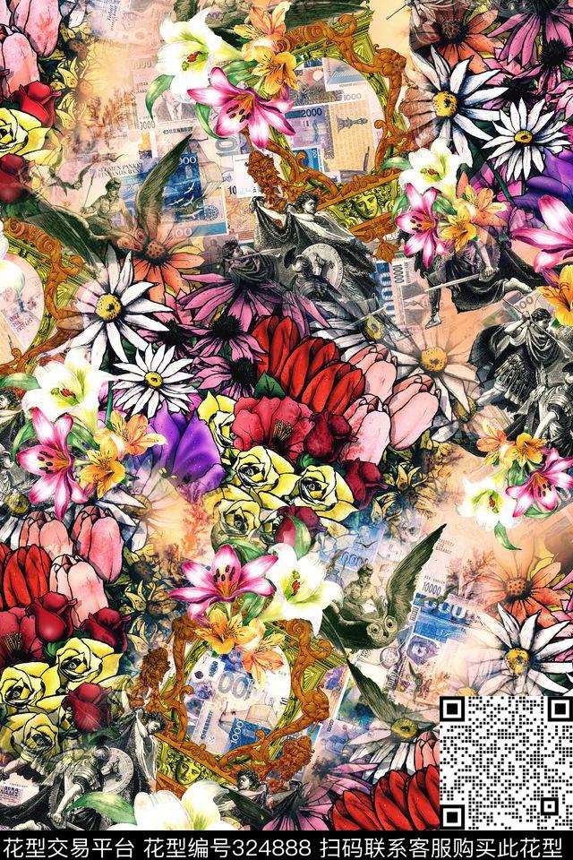 复古罗马花型.jpg - 324888 - 数码花卉 涂鸦抽象 潘神花卉类 - 数码印花花型 － 女装花型设计 － 瓦栏