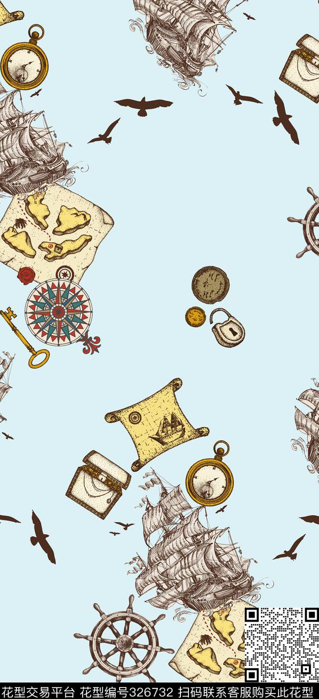 大航海家航船指南针地图男童墙布壁纸花型 - 326732 - 休闲风 海航元素 指南针 - 传统印花花型 － 床品花型设计 － 瓦栏