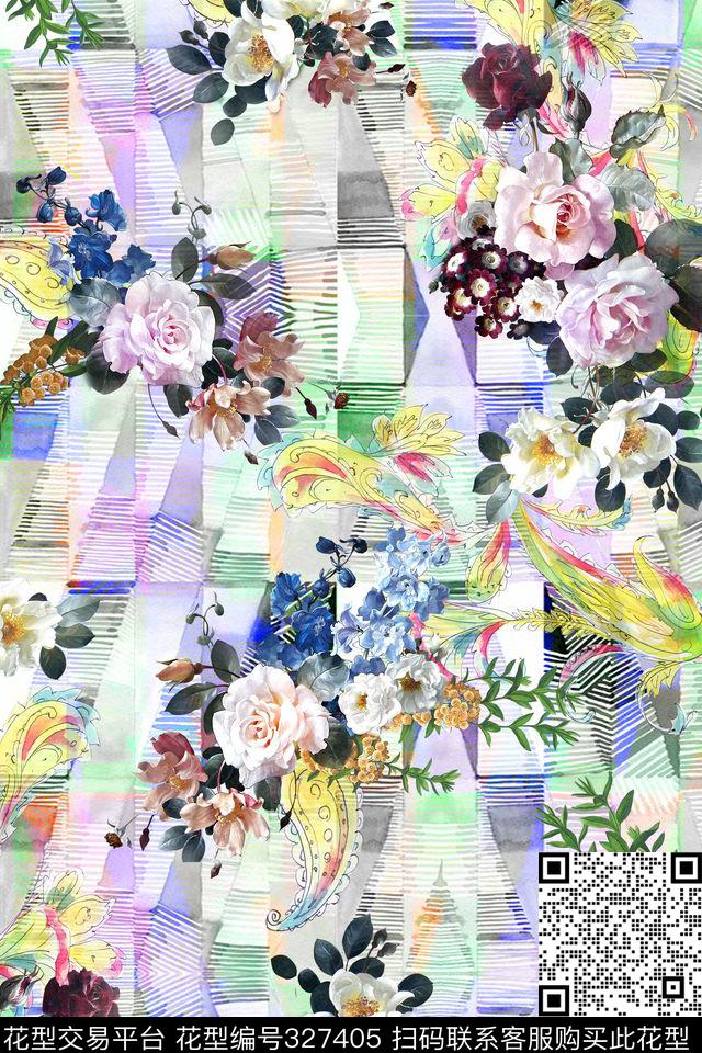 几何格子清爽油画花卉 - 327405 - 花卉 - 数码印花花型 － 女装花型设计 － 瓦栏