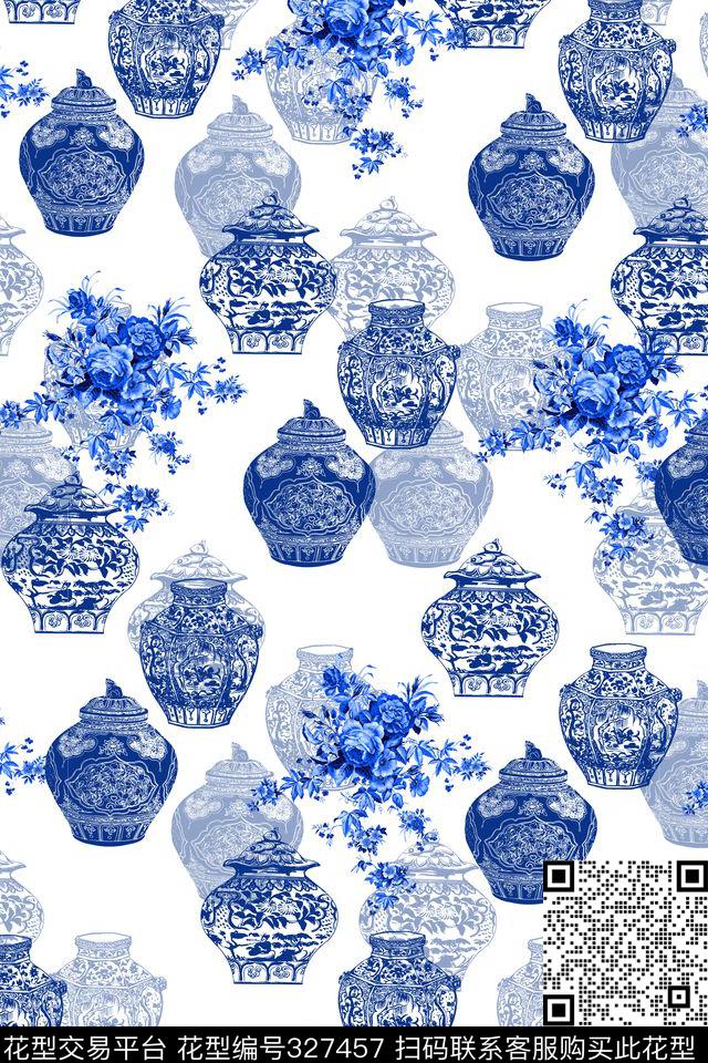 青瓷古韵中国风青花瓷瓶靛蓝古典花卉 - 327457 - 花卉 青花瓷 中国风 - 数码印花花型 － 女装花型设计 － 瓦栏