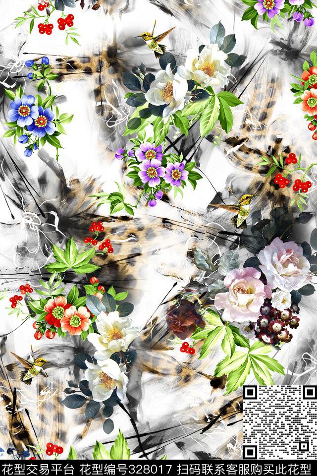 素雅水墨豹纹抽象花卉 - 328017 - 花卉 动物纹 - 数码印花花型 － 女装花型设计 － 瓦栏