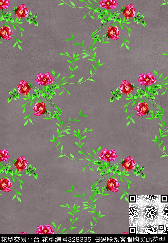 田园风格蔷薇庄园纯手绘鲜花墙布壁纸花型 - 328335 - 茛苕叶 花卉 美式田园风格 - 传统印花花型 － 墙纸花型设计 － 瓦栏