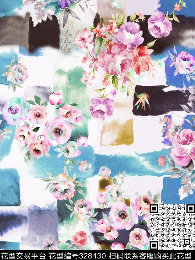 WL-0000106.jpg - 328430 - 花卉 花朵 格子底纹 - 数码印花花型 － 女装花型设计 － 瓦栏