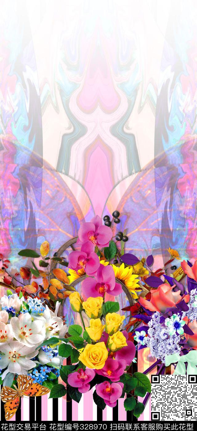 定位花卉蝴蝶 - 328970 - 花卉 - 数码印花花型 － 女装花型设计 － 瓦栏