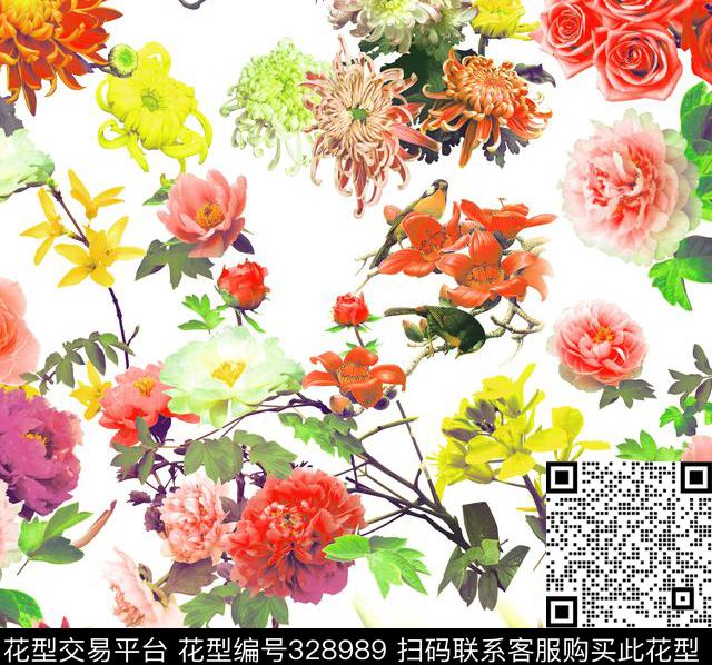 1-h菊花 - 328989 - 花卉-欧式花纹 - 数码印花花型 － 床品花型设计 － 瓦栏
