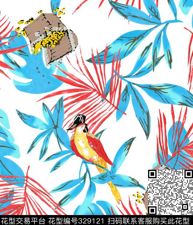 1-L小鸟热带树叶 - 329121 - 风景 小鸟 树叶 - 传统印花花型 － 床品花型设计 － 瓦栏
