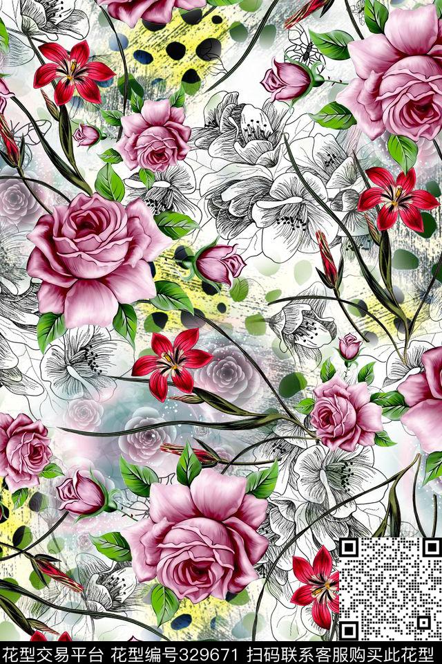 wyc-257花卉豹纹手绘.jpg - 329671 - 花卉 - 数码印花花型 － 女装花型设计 － 瓦栏