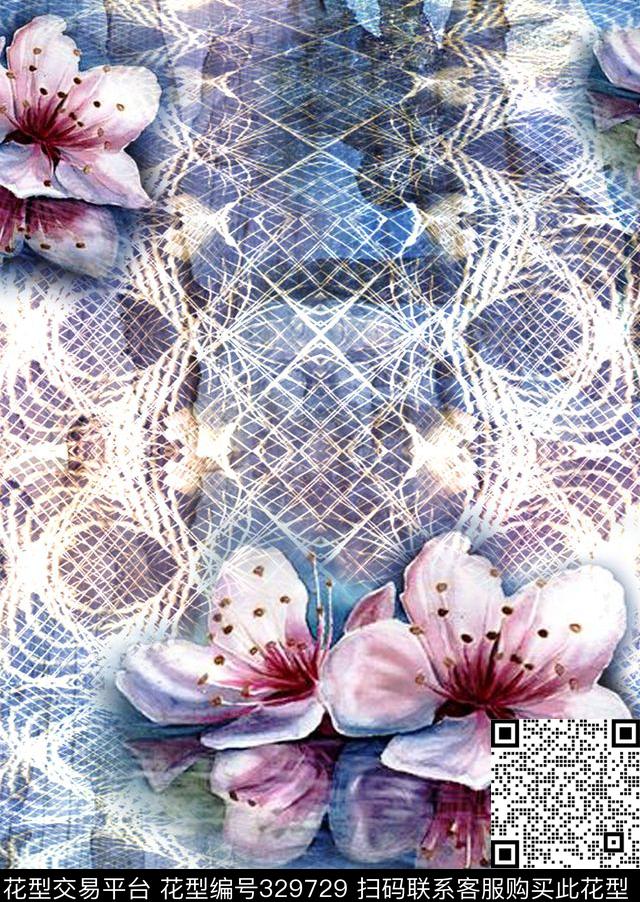 纹理线纹花卉.jpg - 329729 - 花卉组合 - 数码印花花型 － 床品花型设计 － 瓦栏