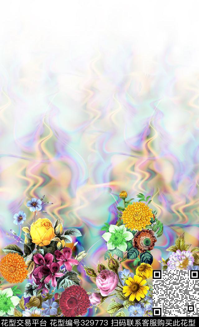 白底渐变古典油画花卉定位 - 329773 - 定位 - 数码印花花型 － 女装花型设计 － 瓦栏