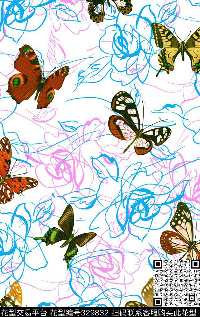 1-S抽像玫瑰蝴蝶 - 329832 - 动物纹 - 传统印花花型 － 床品花型设计 － 瓦栏