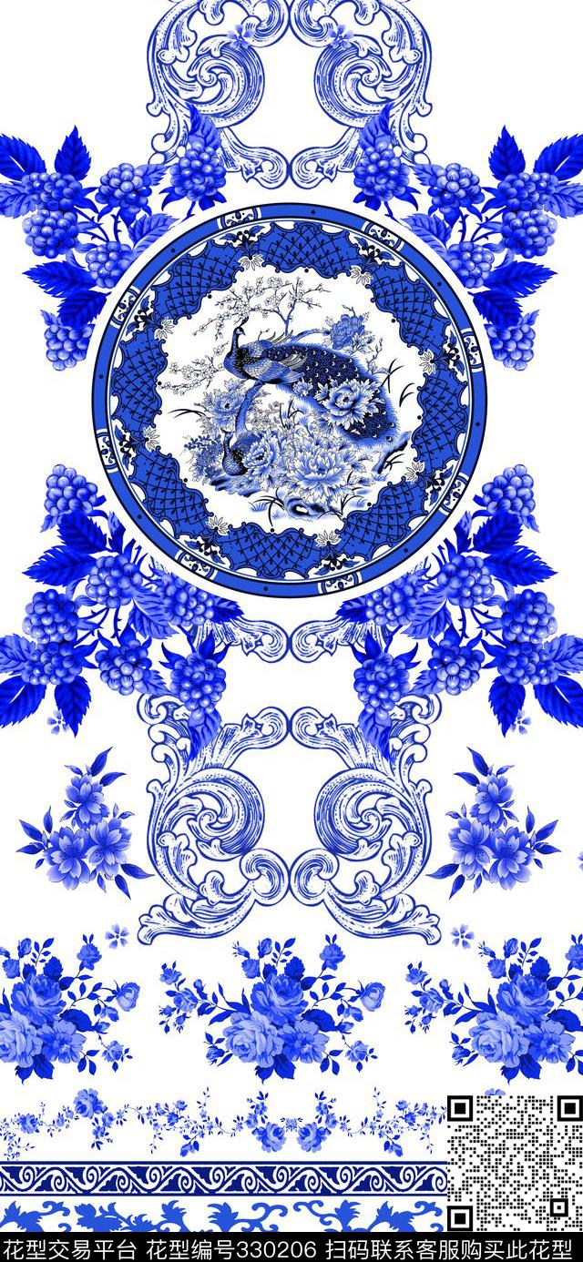 新古典中国风青花瓷韵味靛蓝花卉彩绘磁盘高端定位连衣裙花型 - 330206 - 中国风 青花瓷 靛蓝花卉 - 数码印花花型 － 床品花型设计 － 瓦栏