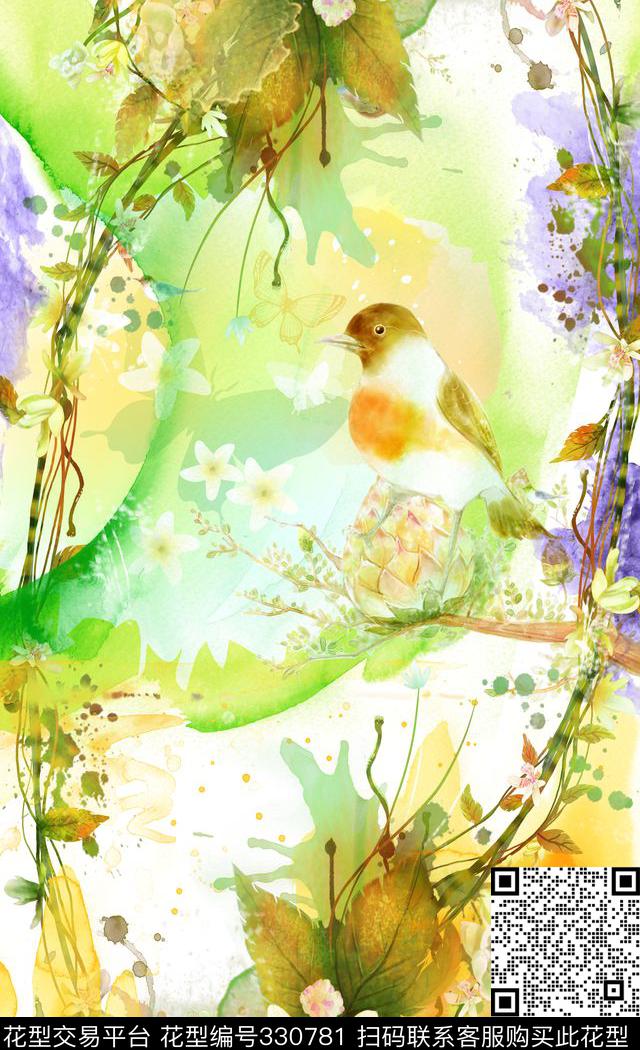 多色渲染花鸟 - 330781 - 现代 小碎花 渲染 - 数码印花花型 － 女装花型设计 － 瓦栏