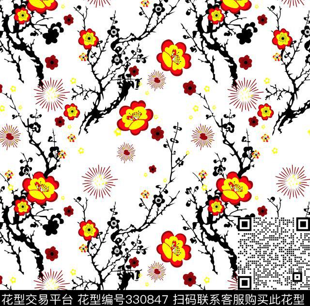2-m梅花 - 330847 - 花卉-欧式花纹 - 传统印花花型 － 床品花型设计 － 瓦栏