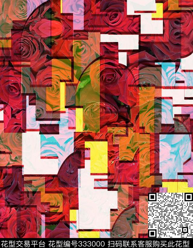 抽象几何花朵玫瑰大花多彩组合 - 333000 - ♥红桃A〖玩趣几何〗 - 数码印花花型 － 女装花型设计 － 瓦栏
