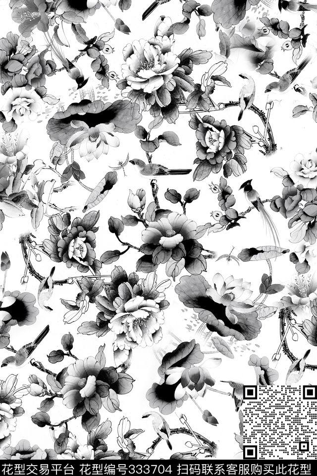 水墨中国风花卉小鸟花鸟印花水彩花型 - 333704 - 花卉 休闲 抽象 - 数码印花花型 － 女装花型设计 － 瓦栏