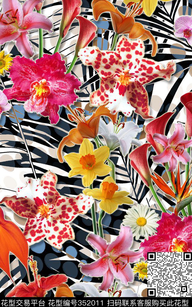 热带花卉大花朵自然花卉棕榈叶.jpg - 352011 - U-植物花卉/Botany - 数码印花花型 － 女装花型设计 － 瓦栏