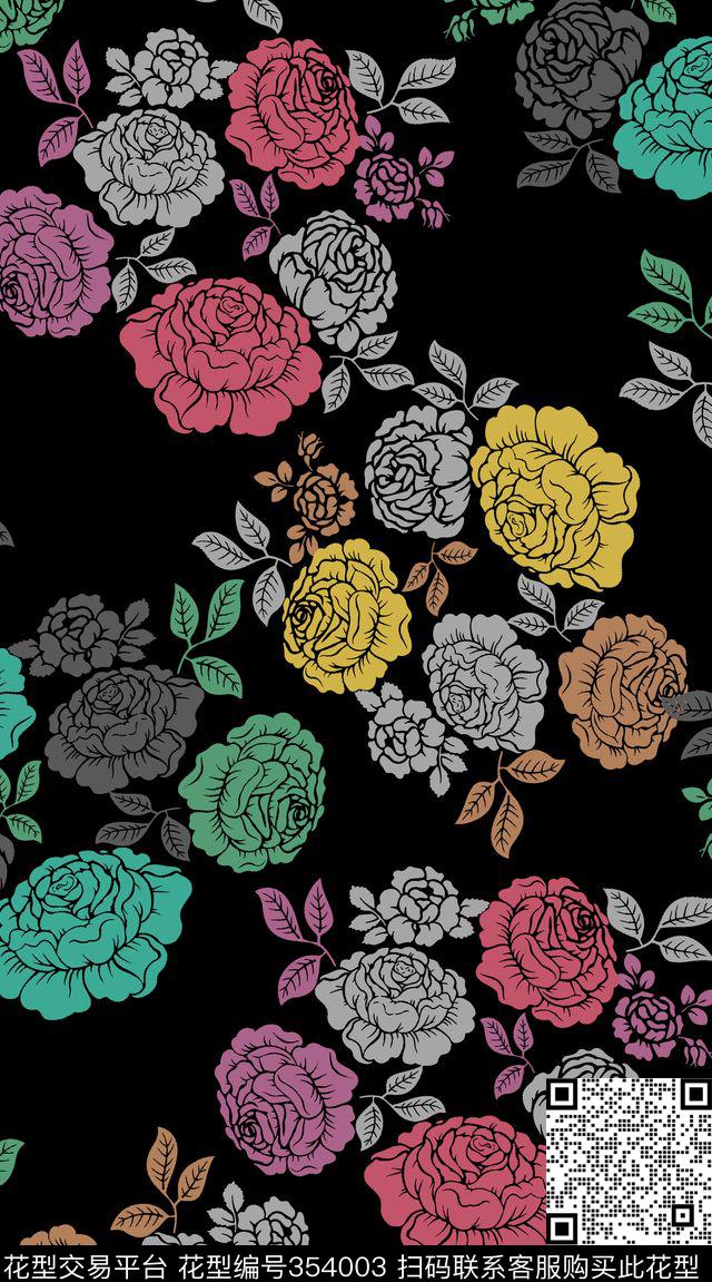 风格化花卉 - 354003 - 古典花卉 轮廓 女装 - 传统印花花型 － 女装花型设计 － 瓦栏
