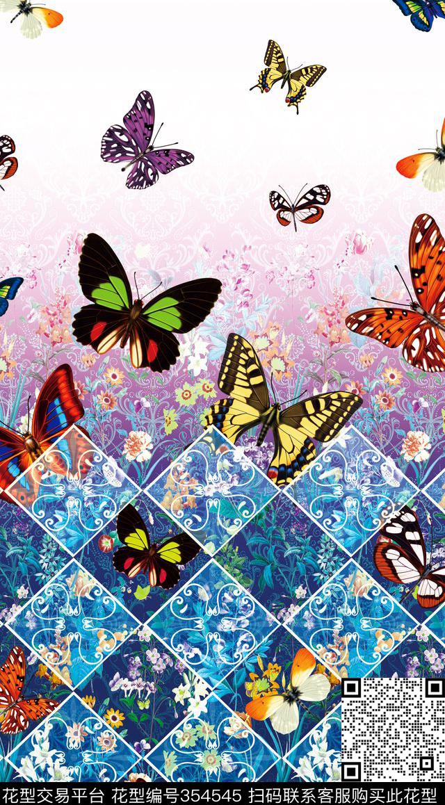 蝴蝶.jpg - 354545 - 蝴蝶花卉 欧式艺术田园 动物 - 数码印花花型 － 床品花型设计 － 瓦栏