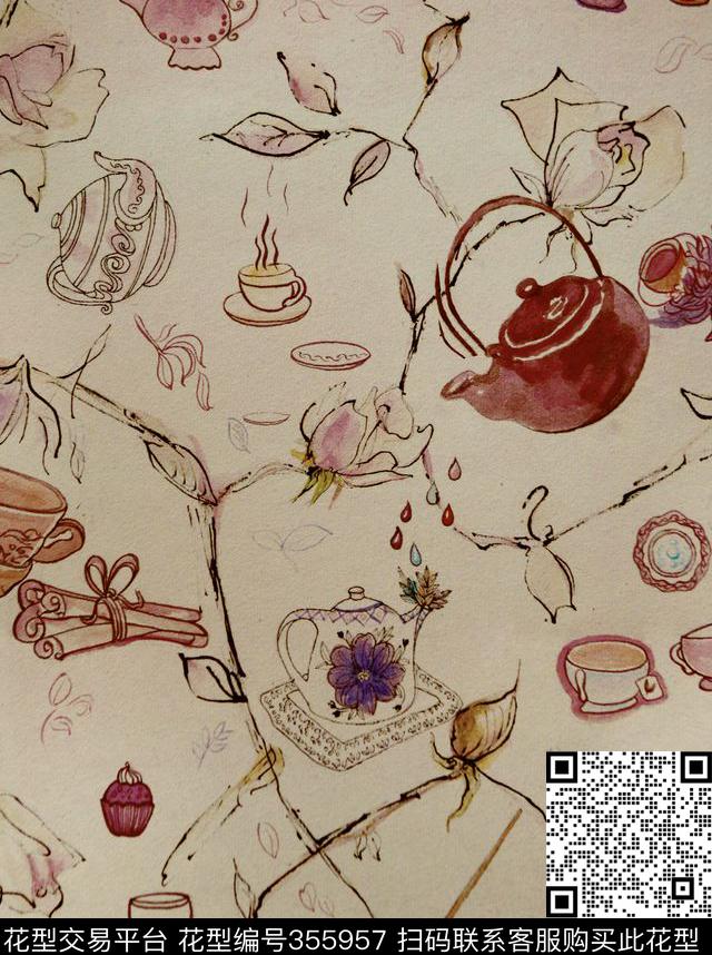 手绘茶颜馆色2,.jpg - 355957 -  - 传统印花花型 － 床品花型设计 － 瓦栏