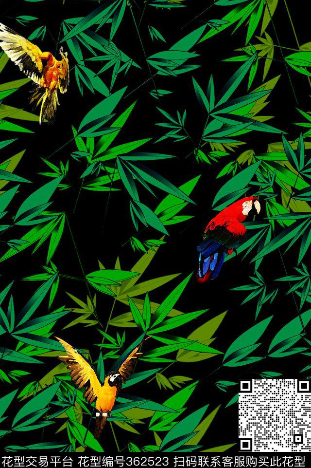 鹦鹉竹叶绿色系男装印花 - 362523 - 丛林 竹叶 树叶 - 数码印花花型 － 男装花型设计 － 瓦栏