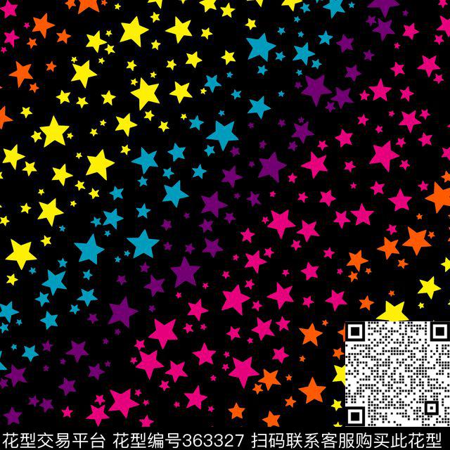4-3七彩黑底星星 - 363327 - 中国风 - 传统印花花型 － 床品花型设计 － 瓦栏