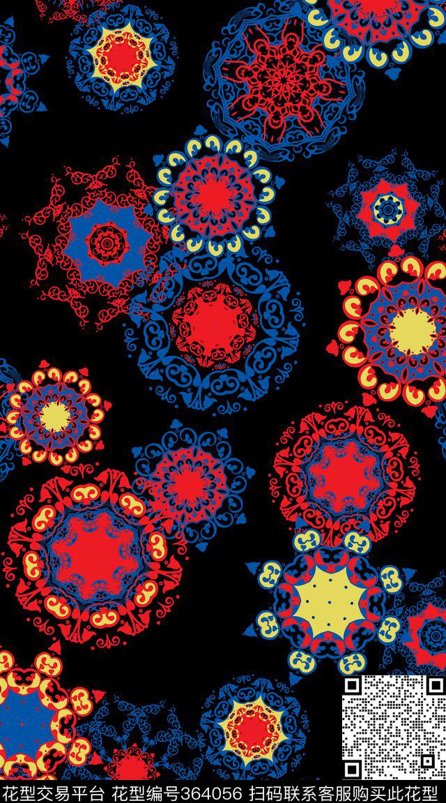 手绘复古曼陀罗花纹 - 364056 - 民族风 部落 曼陀罗 - 传统印花花型 － 女装花型设计 － 瓦栏