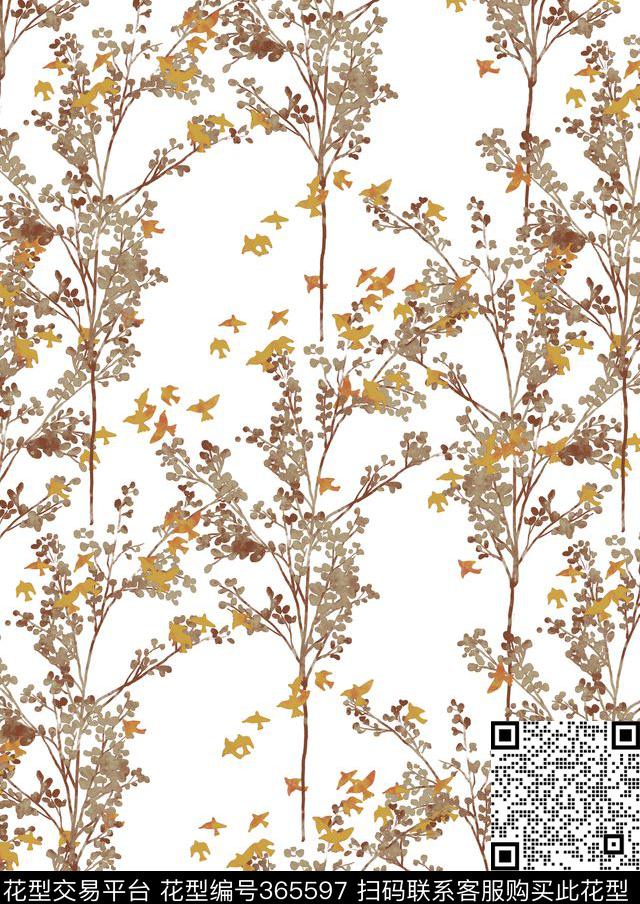 树枝小鸟.tif - 365597 - 家纺印花1 - 传统印花花型 － 床品花型设计 － 瓦栏