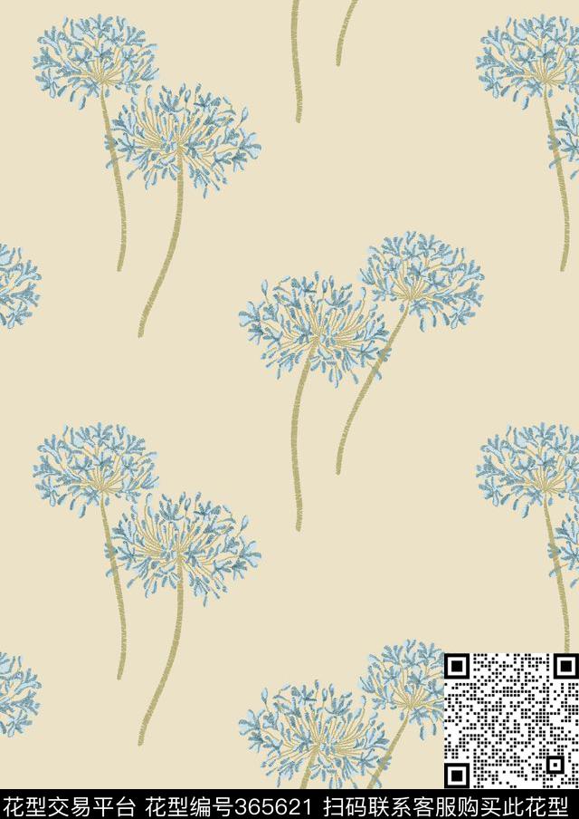 蒲公英仿绣花.tif - 365621 - 家纺印花1 - 传统印花花型 － 床品花型设计 － 瓦栏