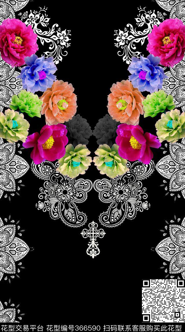 鲜花佩斯利火腿纹民族风定位花型 - 366590 - 大花朵 民族风 花卉 - 数码印花花型 － 女装花型设计 － 瓦栏