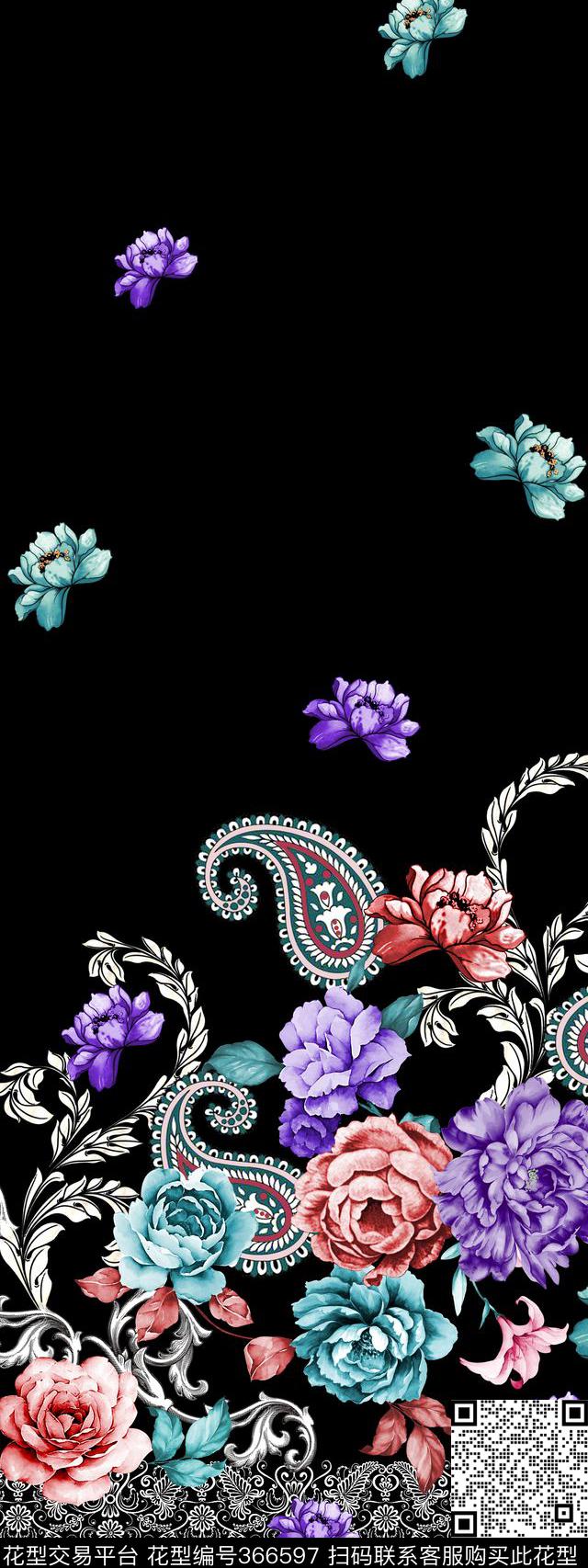 定位花卉 - 366597 - 中老年 定位 花卉 - 传统印花花型 － 女装花型设计 － 瓦栏