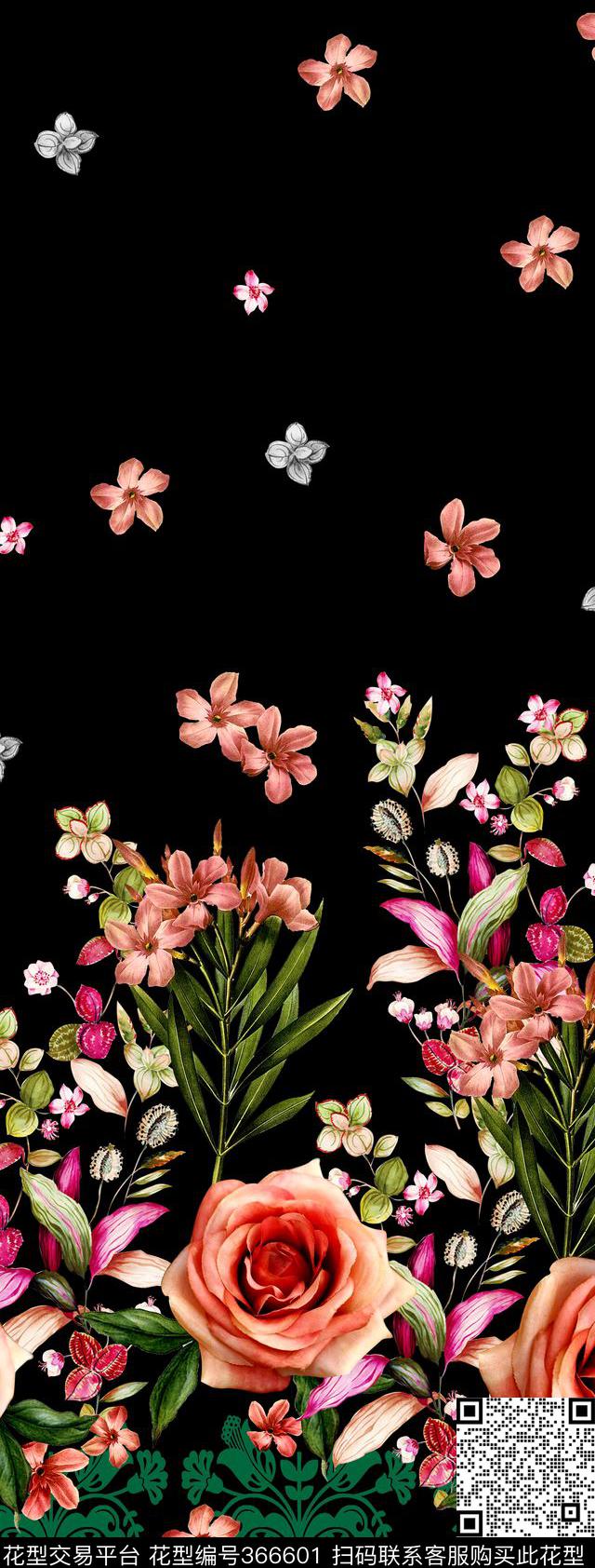 花卉定位 - 366601 - 中老年 定位 花卉 - 数码印花花型 － 女装花型设计 － 瓦栏