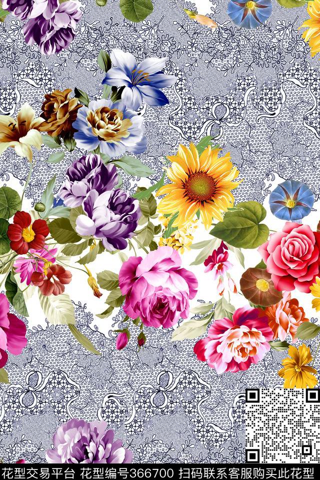 蕾丝花.tif - 366700 - 花卉 蕾丝的结合 - 数码印花花型 － 女装花型设计 － 瓦栏
