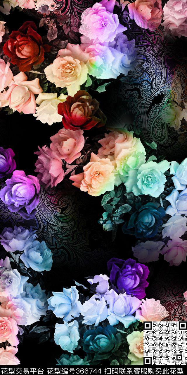 黑底花卉 - 366744 - 玫瑰花 花卉 简洁 - 数码印花花型 － 女装花型设计 － 瓦栏