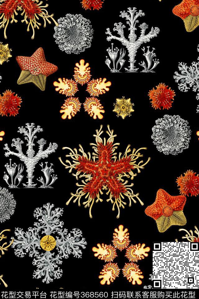 海洋动物男装花型 - 368560 - 珊瑚 趣味 海星 - 数码印花花型 － 男装花型设计 － 瓦栏