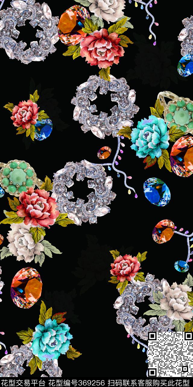黑底珠宝花卉.jpg - 369256 - 珠宝首饰器皿 - 数码印花花型 － 女装花型设计 － 瓦栏