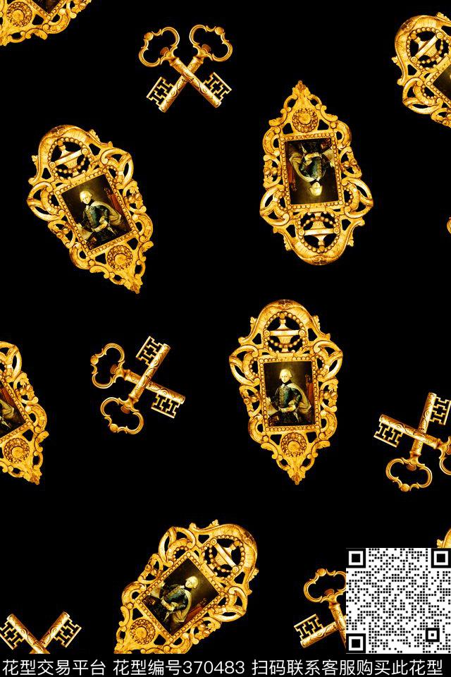宫廷金钥匙纹 - 370483 - 公爵 复古镜框 黄金钥匙 - 数码印花花型 － 女装花型设计 － 瓦栏