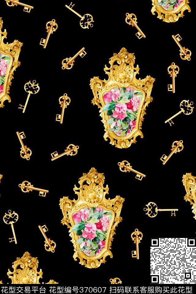 古典镜框黄金钥匙纹 - 370607 - 欧美流行时尚 古典镜 黄金钥匙 - 数码印花花型 － 女装花型设计 － 瓦栏